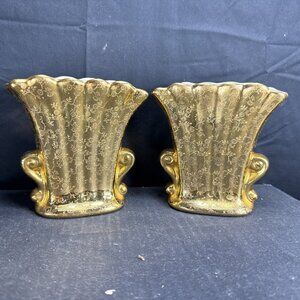 2 Vintage Mid Century Fan Vase 22k Gold Leaf Double Handled Floral Design